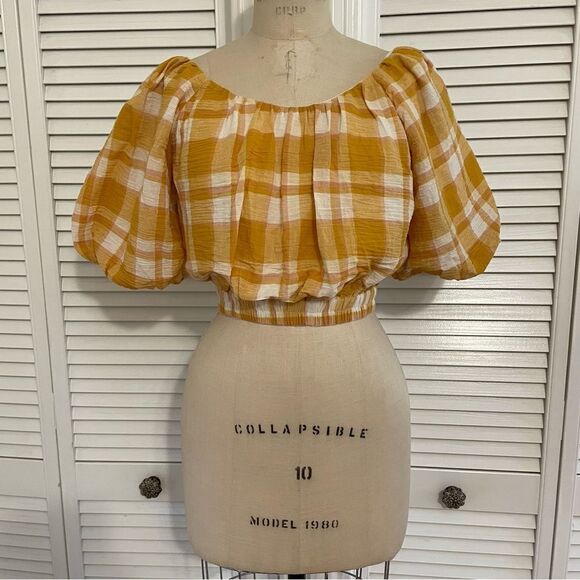 MNG by Mango Yellow Plaid Cotton Cropped Peasant Top Sz-S NWT! - Picture 1 of 9